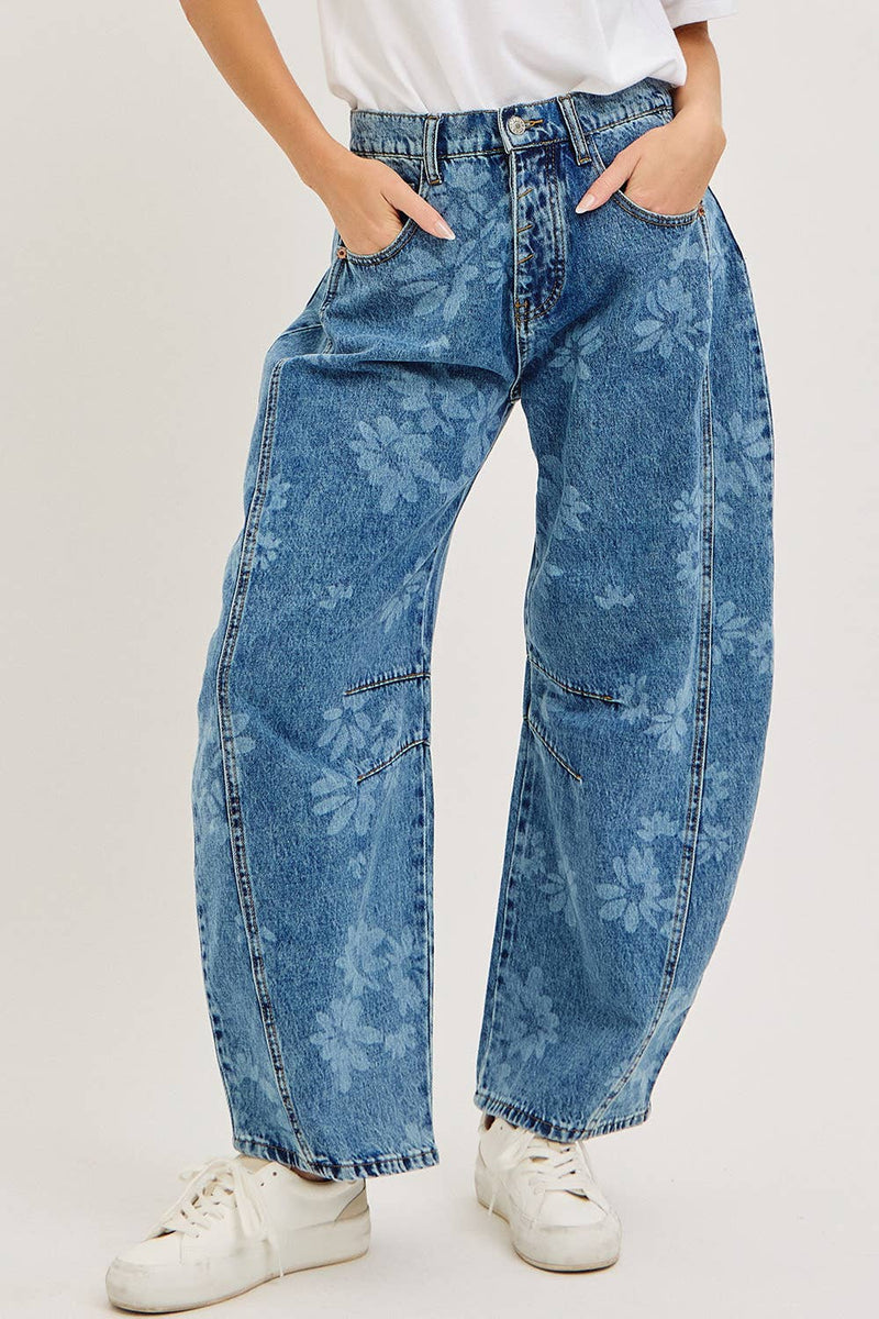 Denim Washed Floral Print Barrel Jeans
