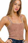 Washed Ribbed Square Neck Bra Padded Tank Top: CORAL / 3-3 (S/M-L/XL)