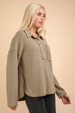 Half Button Textured Henley Knit Top: Cream