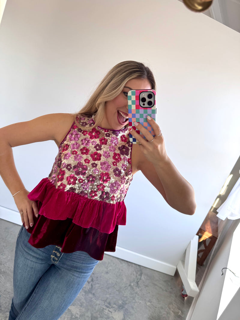 Standout Floral Print Sequined Peplum Top