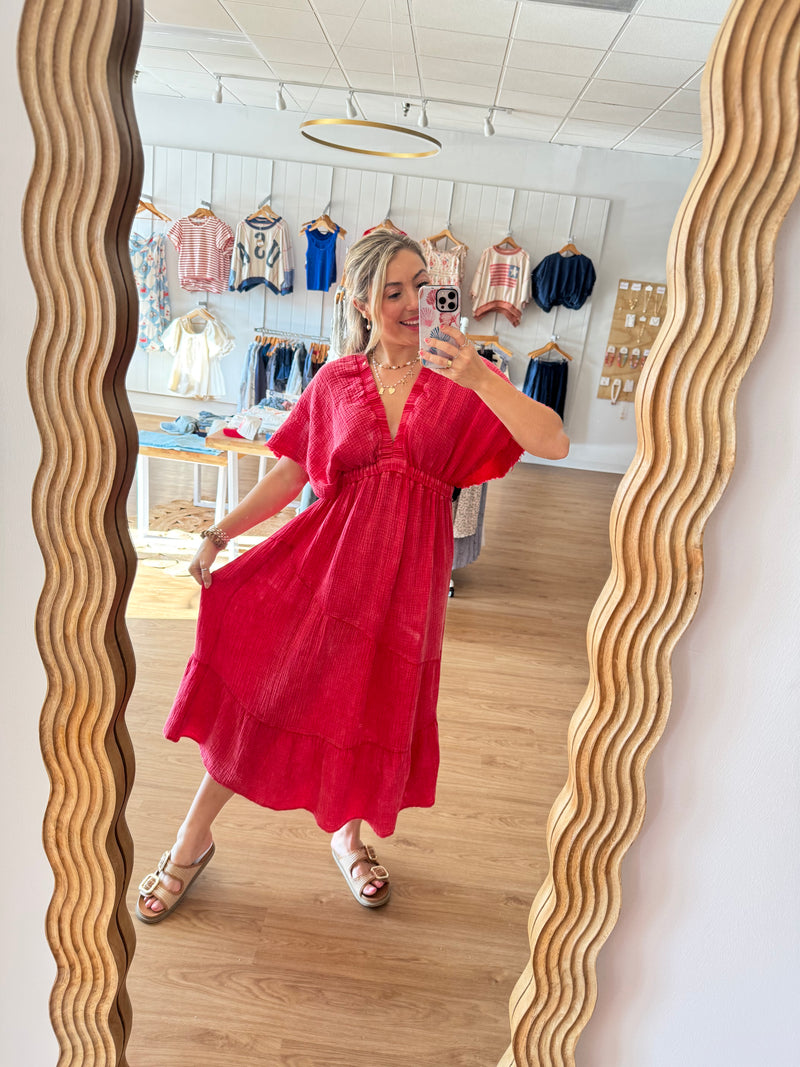Berry Linen Kimono Sleeve Midi Dress
