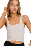 Washed Ribbed Square Neck Bra Padded Tank Top: MOCHA / 3-3 (S/M-L/XL)