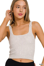 Washed Ribbed Square Neck Bra Padded Tank Top: ASH BLACK / 3-3 (S/M-L/XL)