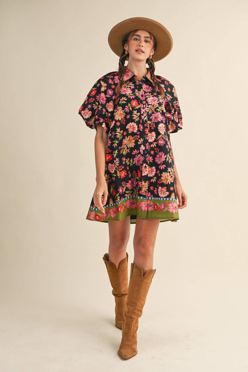 COLLARED BUTTON DOWN FLORAL MINI DRESS MDR4309