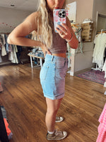 Vervet Super High Rise Midi A-Line Shorts: Light Wash