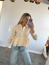 Button Up Long Sleeve Peplum Waist Blouse: Cream