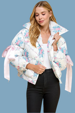 Something Floral, Something Blue Bow Detail Puffer Jacket