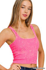 Washed Ribbed Square Neck Bra Padded Tank Top: MOCHA / 3-3 (S/M-L/XL)