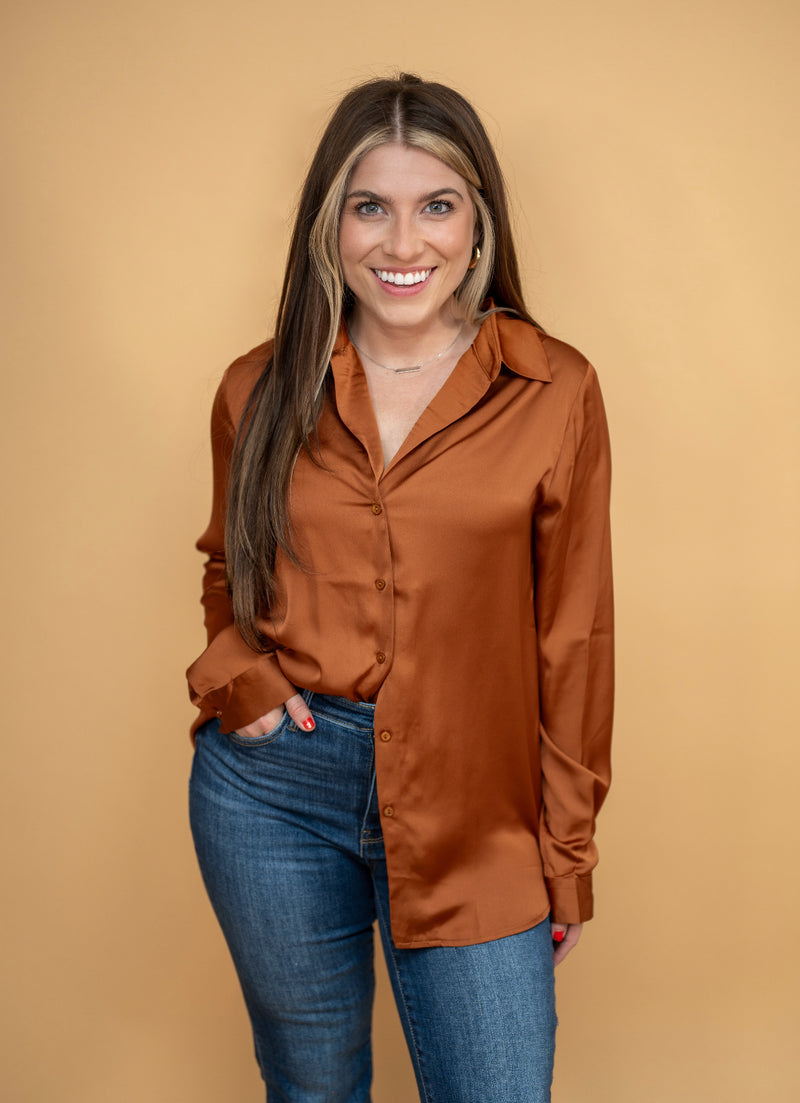 Toffee Satin Button Down Blouse