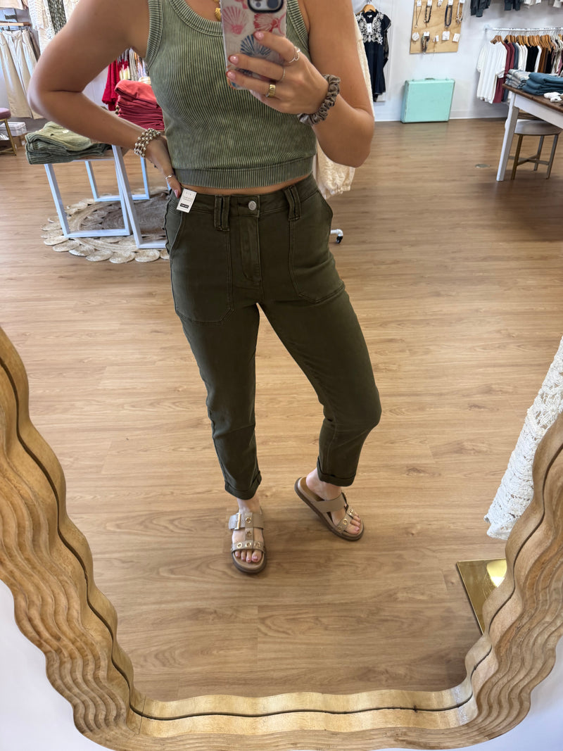Judy Blue Work to Adventure Olive Jogger Pant