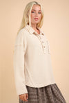 Half Button Textured Henley Knit Top: Cream