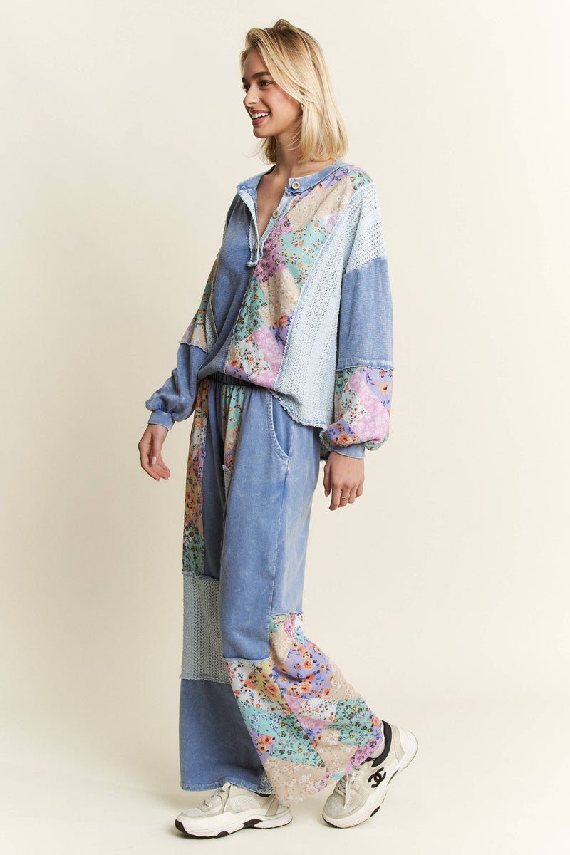Mineral Washed Floral WaveKnit Jacquard Boho Pants HP6106: Natural / S-M-L / 2-2-2