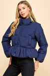 CJ6606-Peplum Bubbled Hem Puffer Jacket: NAVY / S