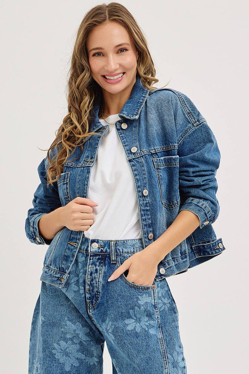 Denim Washed Floral Print Barrel Jeans