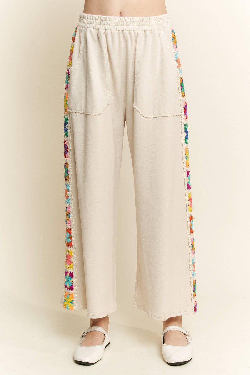 Mineral Washed Crochet Trim Pants: Natural