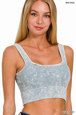 Washed Ribbed Square Neck Cropped Tank Top With Bra Pads: LT NAVY / 3-3 (S/M-L/XL)