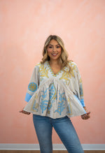Pop of Boho Embroidered V Neck Blouse: Two Colors