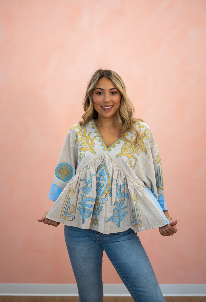 Pop of Boho Embroidered V Neck Blouse: Two Colors