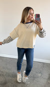 Striped Contrast Sleeve Oversized Terry Top: Cream