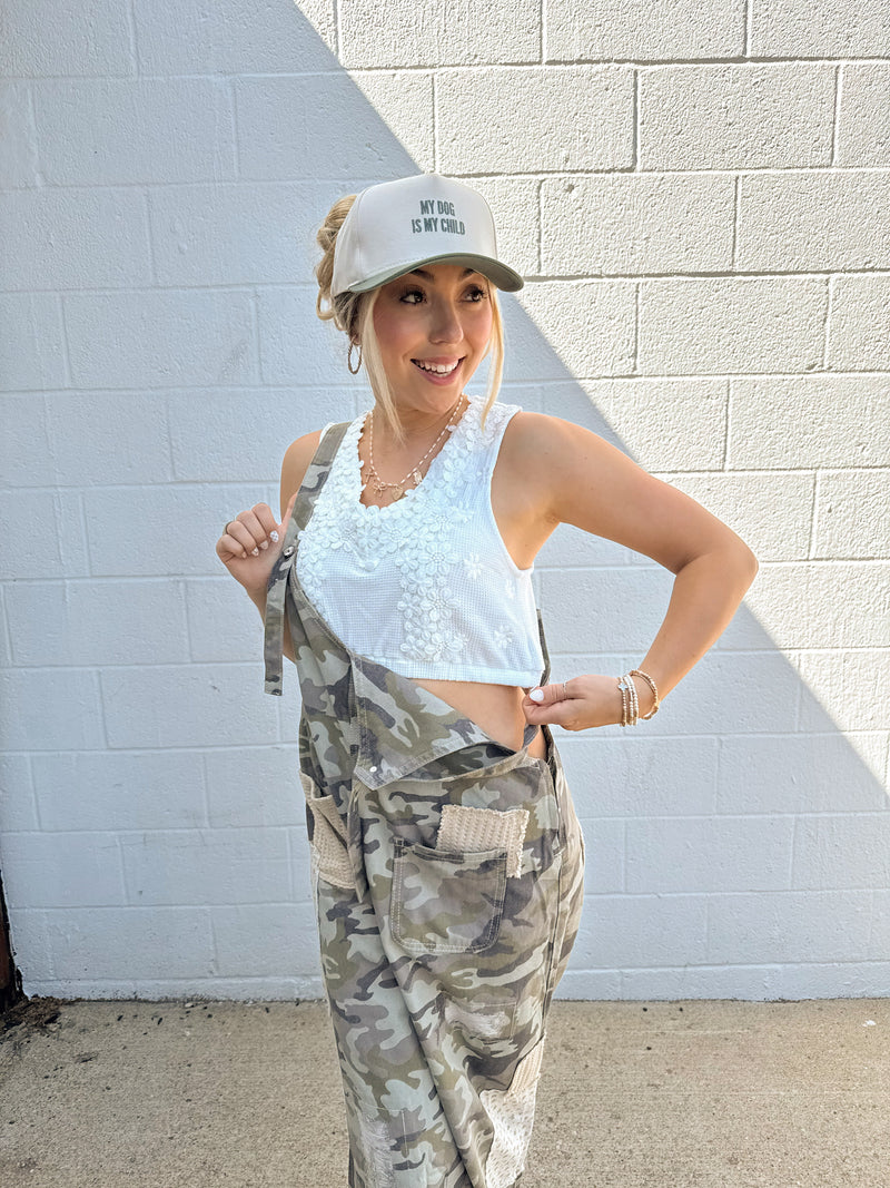 Lace Applique Waffle Crop Tank: Ivory