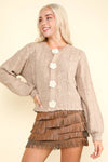 Floral Button Knit Sweater Cardigan: Mocha