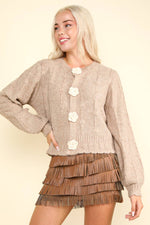 Floral Button Knit Sweater Cardigan: Mocha