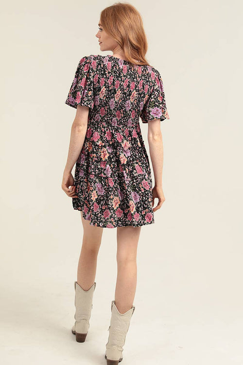 Black & Purple Chrysanthemum Smocked Dress