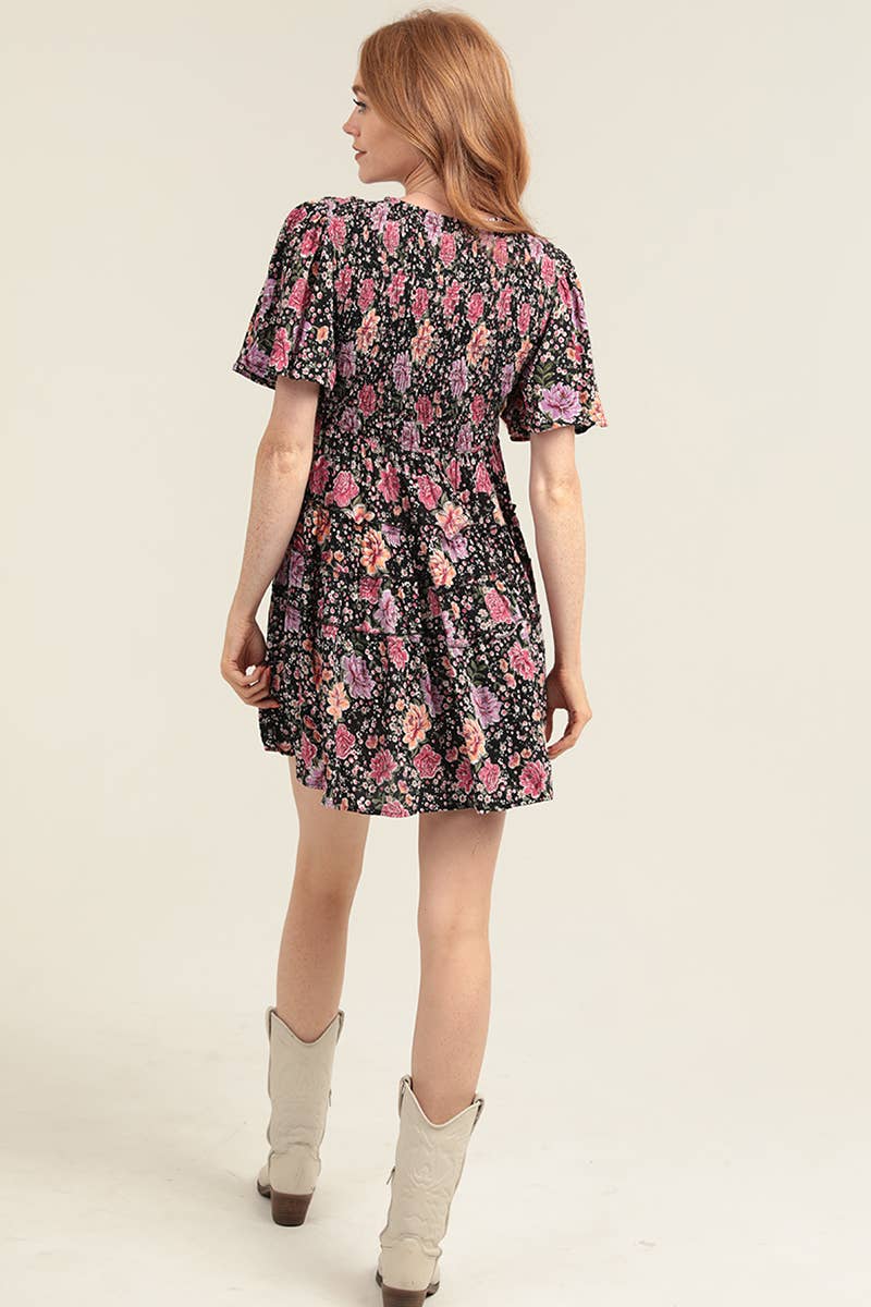 Black & Purple Chrysanthemum Smocked Dress