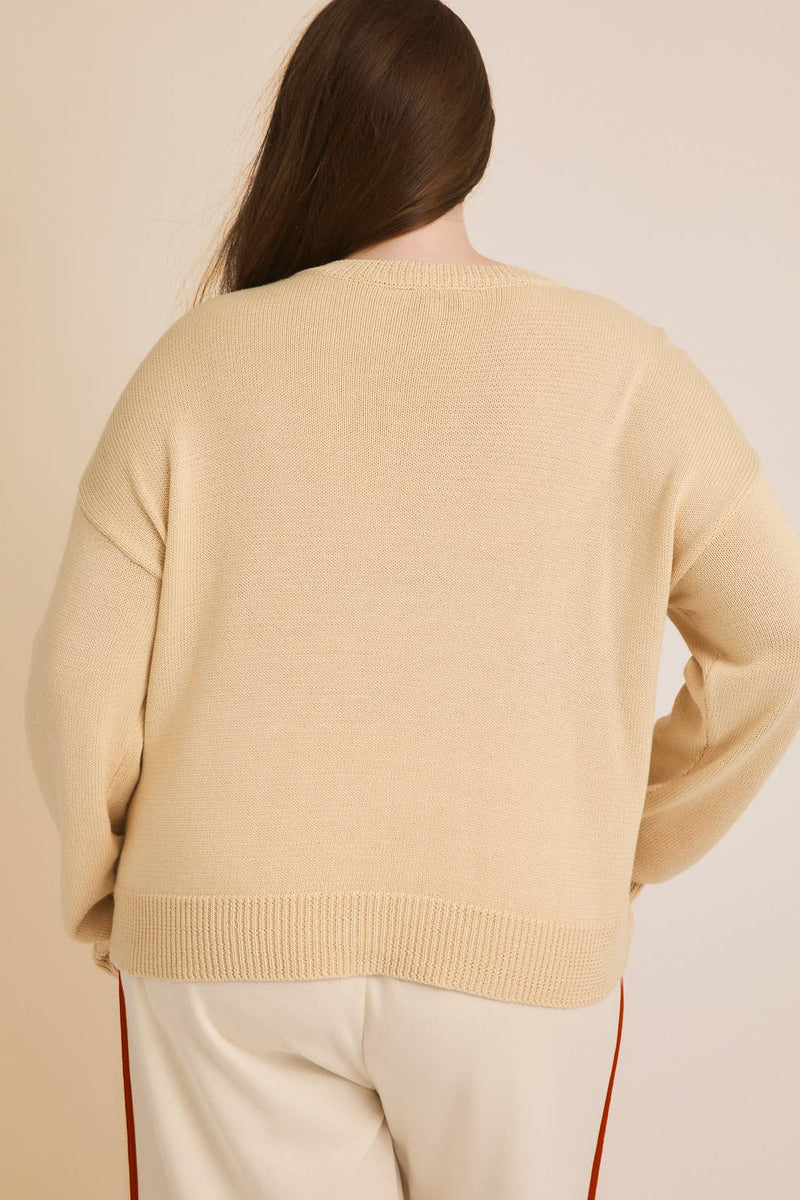 PLUS ROUND NECK LONG SLEEVE"FEELING CRABULOUS" SWEATER: IVORY / 1X