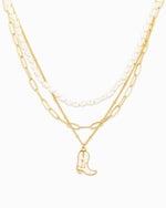 White Cowboy Boot Pendant with Pearl Bead Layered Necklace