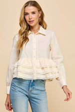 CT9128-Button Up Long Sleeve Peplum Waist Top: CREAM / S