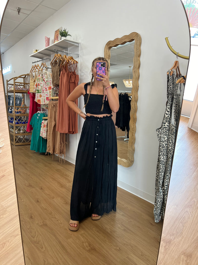 Two-Piece Smocked Top & Maxi Set: Black