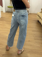 High Rise Barrel Jeans with Tie: Light Wash DIstressed