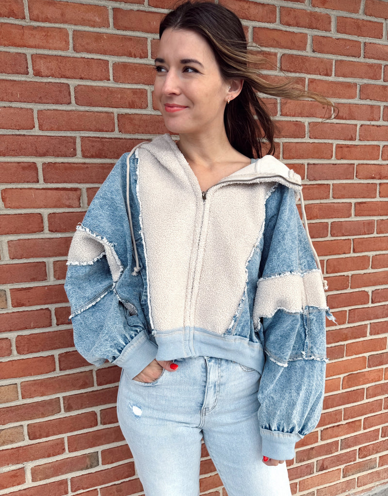 Mixed Up Denim and Sherpa Hoodie