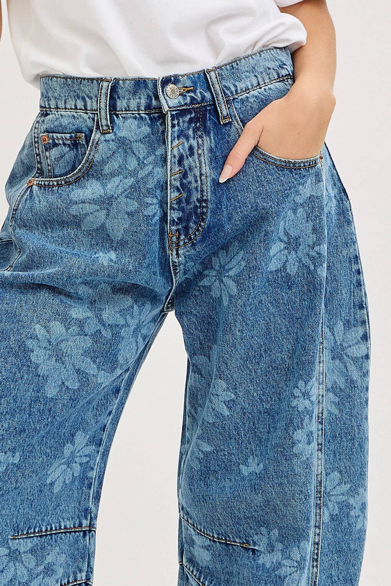 Denim Washed Floral Print Barrel Jeans