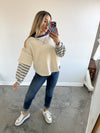 Striped Contrast Sleeve Oversized Terry Top: Cream