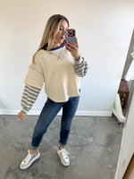 Striped Contrast Sleeve Oversized Terry Top: Cream