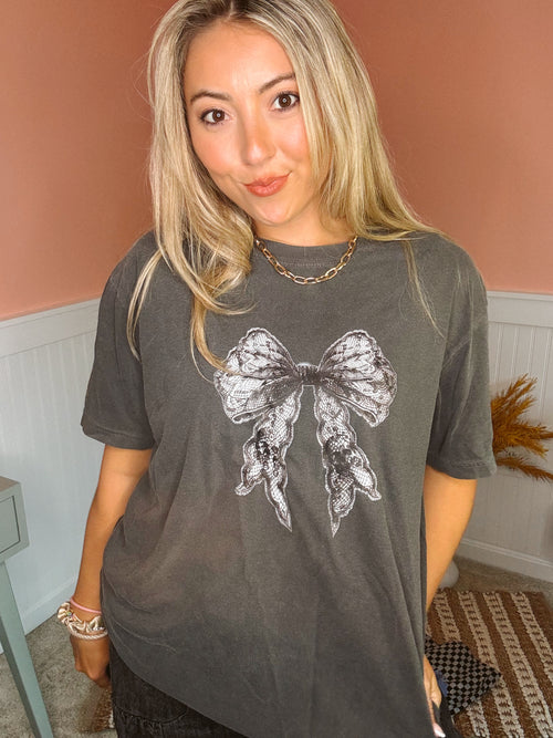 The Black Lace Bow Tee: Charcoal