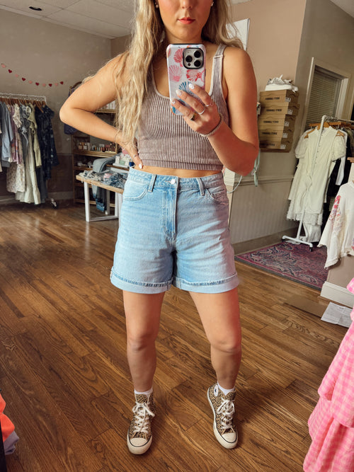 Vervet Super High Rise Midi A-Line Shorts: Light Wash
