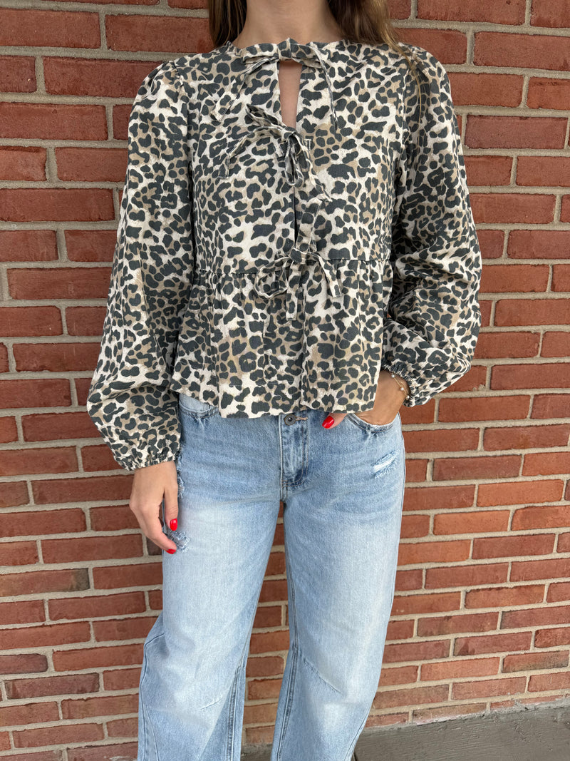 Cheetah Bow Denim Blouse