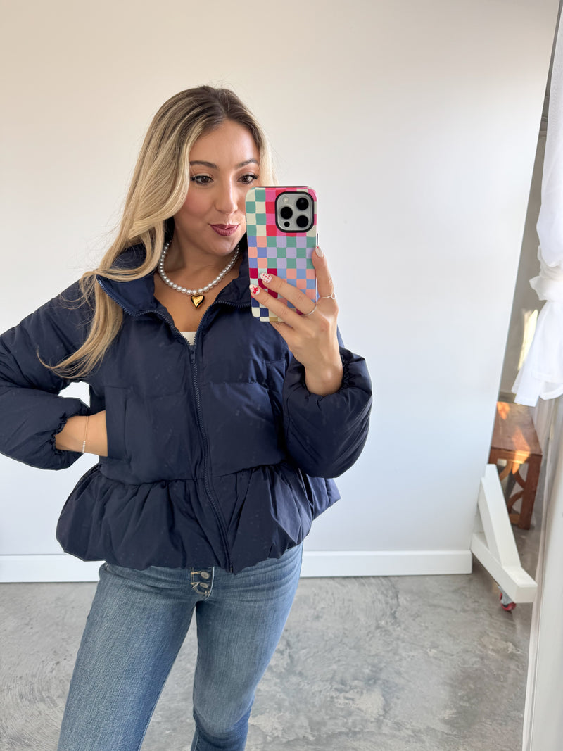 Peplum Bubble Hem Puffer jacket: Navy