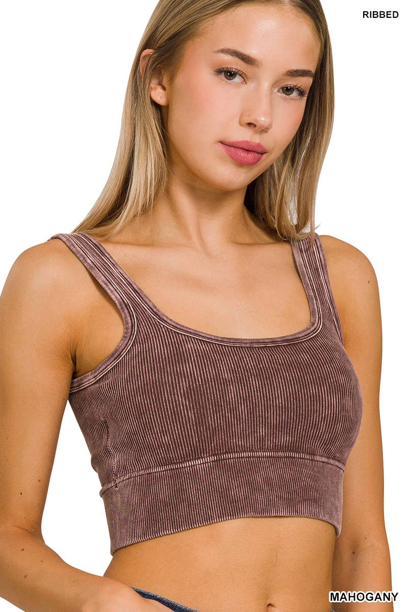 Washed Ribbed Square Neck Cropped Tank Top With Bra Pads: LT NAVY / 3-3 (S/M-L/XL)