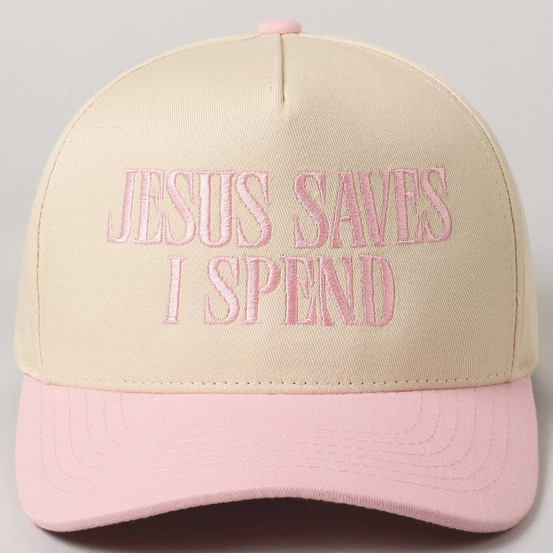 JESUS SAVES I SPEND Embroidery Trucker Hat: SAGE / ONE SIZE