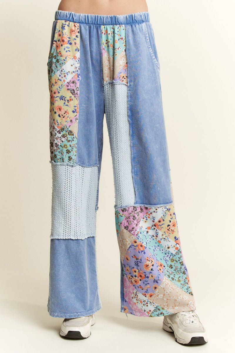 Mineral Washed Floral WaveKnit Jacquard Boho Pants HP6106: Natural / S-M-L / 2-2-2
