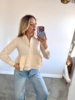 Button Up Long Sleeve Peplum Waist Blouse: Cream