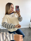 Striped Contrast Sleeve Oversized Terry Top: Cream