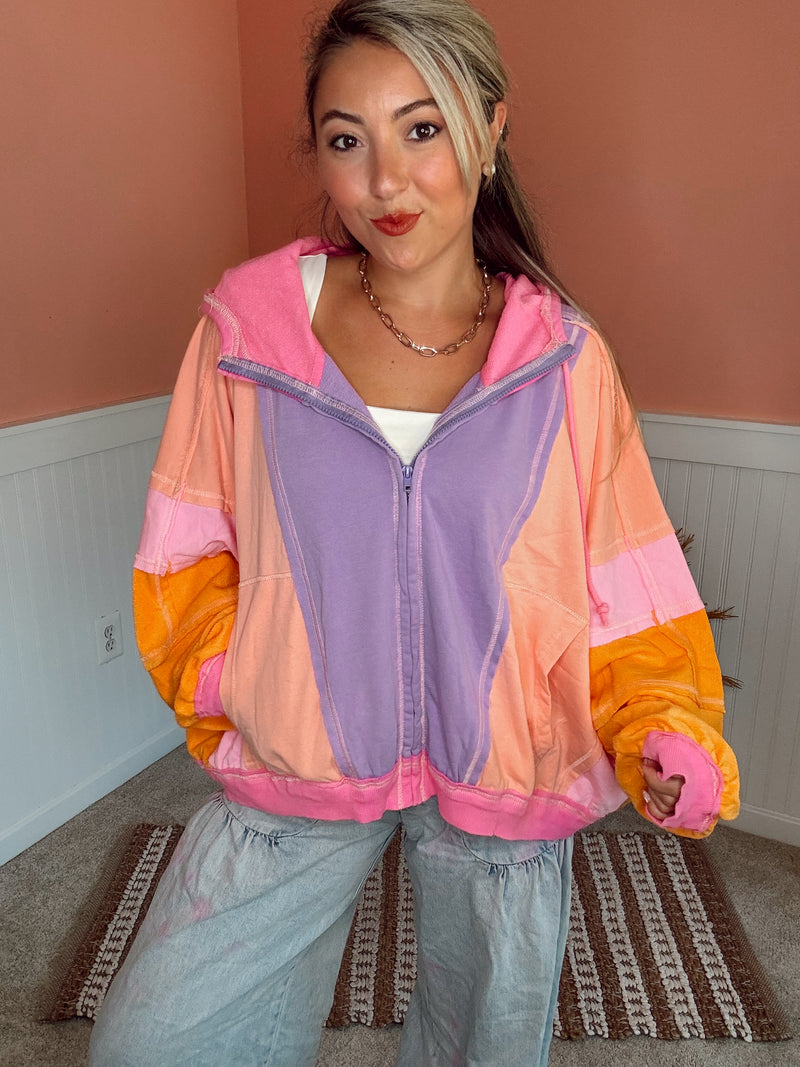 Neon Colorblock Zip Up Hoodie: Pink/Purple