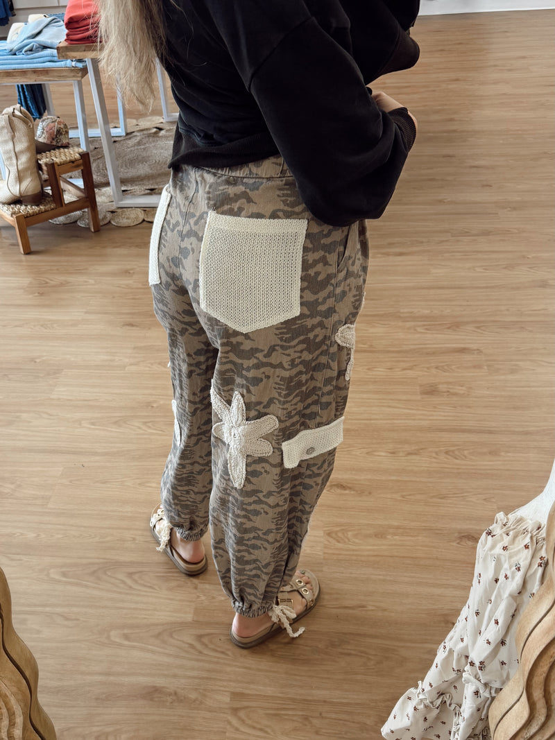 POL Camo & Crochet Daisy Jogger Pants