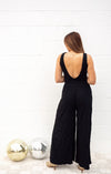Linen Plunge Jumpsuit: Black
