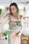 Sage & Peach Floral Satin Midi Skirt